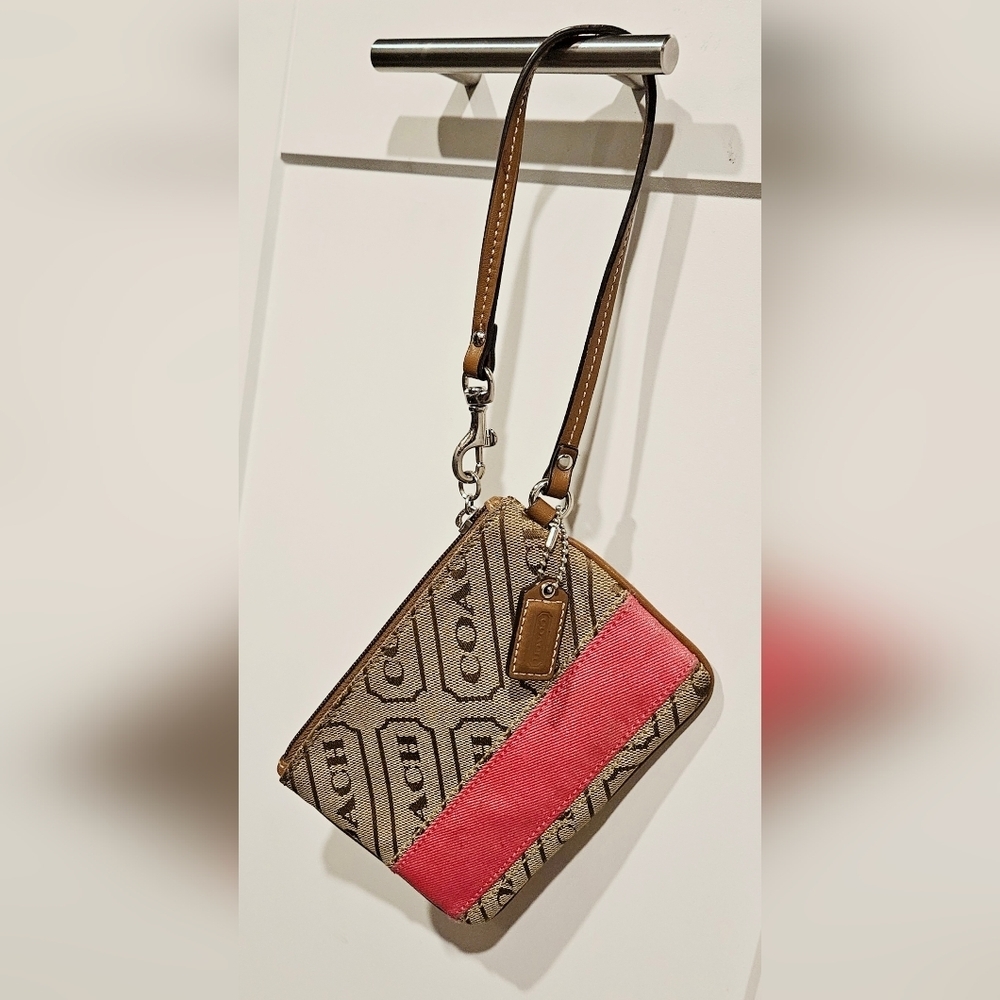 Coach F42618 Signature C Wristlet Wallet Khaki Hot Pink Stripe Clutch Y2K